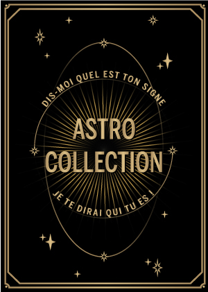 Carte noire et dorée style tarot avec inscription dis-moi quel est ton signe, je te dirais qui tu es collection astro MYA—BAY