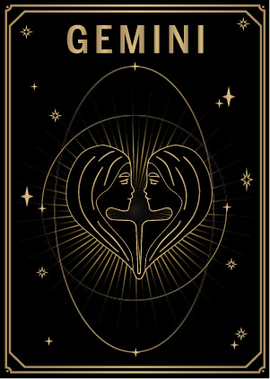 Black and gold tarot card with Gemini zodiac sign MYA—BAY