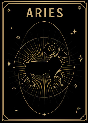 Black and gold tarot card with the first sign of the zodiac: Aries MYA—BAY