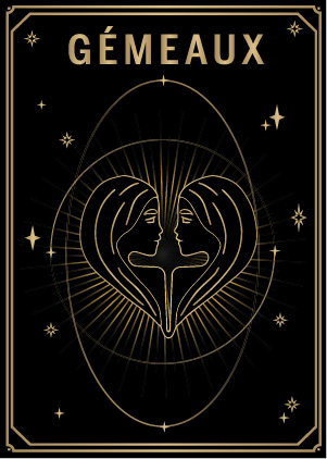 Carte noire et dorée style tarot avec le signe du zodiaque gémeaux MYA—BAY