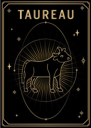 Carte noire et dorée style tarot avec le deuxième signe du zodiaque : taureau MYA—BAY