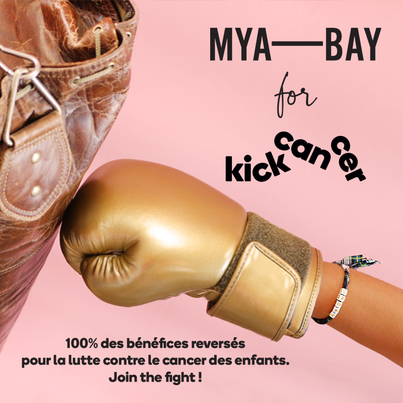 Boxing glove kicking a leather bag with bracelet KickCancer in collaboration with MYA BAY