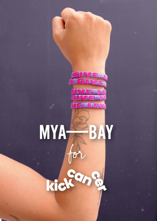 MYA BAY bracelets for KickCancer in fuchsia on an iridescent purple background