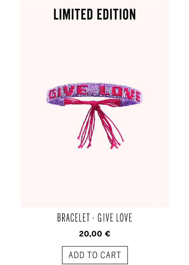 Hand-woven bracelet with words GIVE LOVE in collaboration with KickCancer and MYA BAY